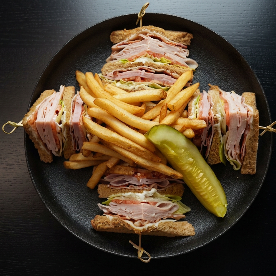 Club sandwich quarters with turkey, lettuce, and tomato surround golden fries and a pickle spear on a black plate.