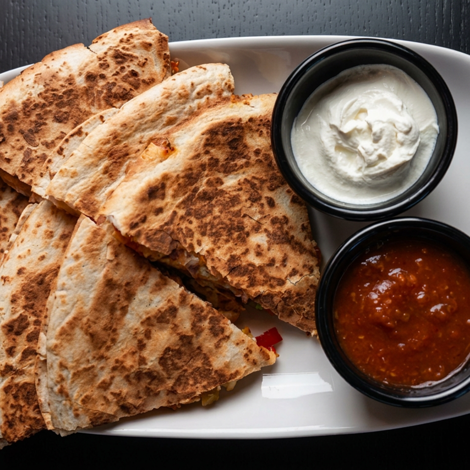 Grilled quesadilla wedges arranged on a white plate with sour cream and red salsa in black bowls.
