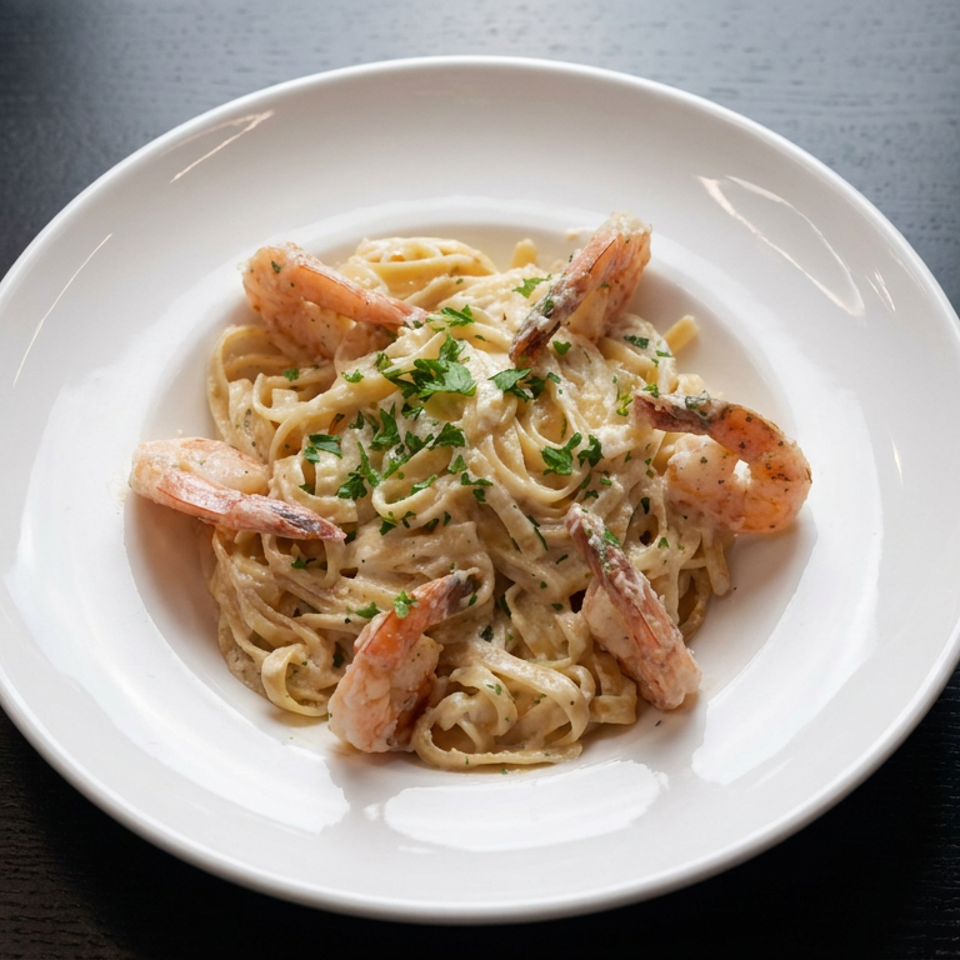 Creamy shrimp linguine garnished with parsley, served on a white plate over a dark wooden table.
