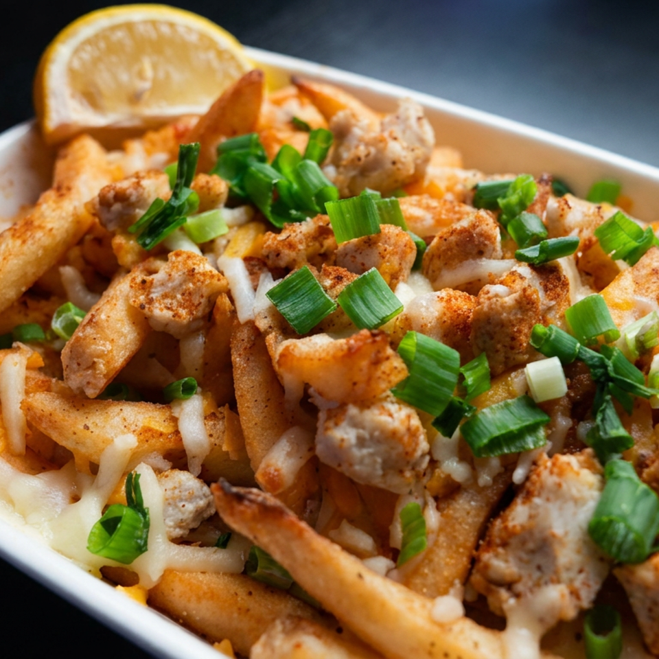 Loaded fries topped with grilled chicken, melted cheese, green onions, and a lemon wedge in a white dish.
