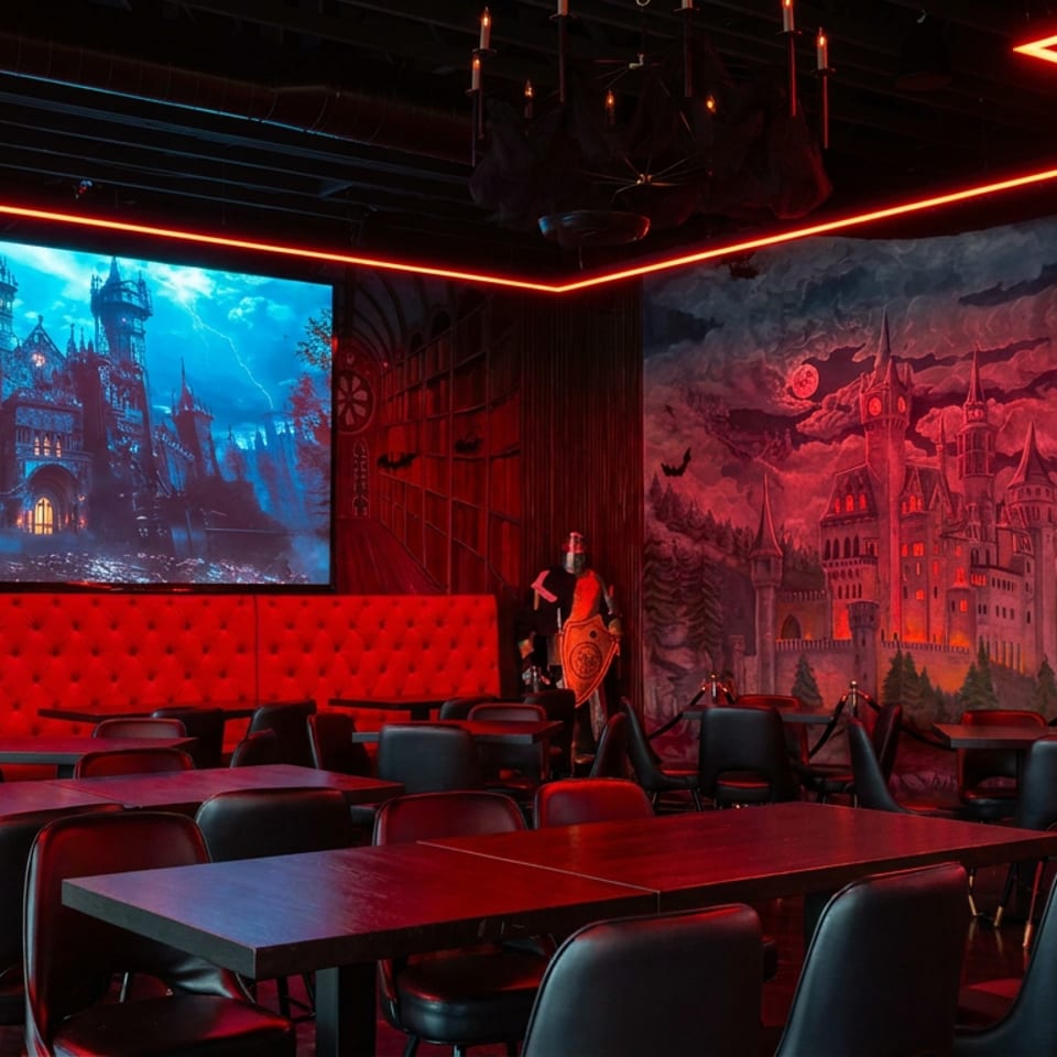 Dark gothic restaurant interior with red neon lighting, castle mural, projected haunted castle, medieval mannequins, and empty tables.